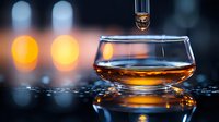 Golden whiskey in coupe glass with dropper against dark background with bokeh lights, luxury spirits photography for bars and restaurants.