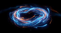 Abstract energy swirl with glowing blue and orange light trails creating dynamic motion on black background for technology and science concepts.