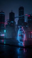 Futuristic neon penguin hologram glowing in cyberpunk city at night with skyscrapers and digital light effects for sci-fi technology concepts.
