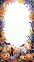 Watercolor Halloween frame with pumpkins, ghosts, black cat, cauldron, spiders, bats, and moon, featuring a white oval center for text or design.