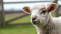 Young white lamb with pink ears looking at camera in pastoral farm setting with wooden fence and green grass background for agriculture content.