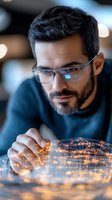 Middle-aged Hispanic man with glasses and beard examining glowing digital network visualization, wearing dark sweater. Soft bokeh background creates professional tech atmosphere.