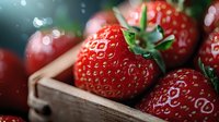 Fresh ripe strawberries in wooden box with natural bokeh background, macro close up view showing detailed texture of juicy red berries with green stems.