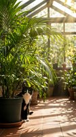 Cat with black and white fur exploring lush green potted plants inside sunny greenhouse with glass roof and warm natural light filtering through windows.