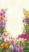 Watercolor orchid frame border with colorful blooms in pink, purple, yellow and orange on cream background with copy space.