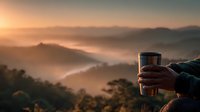 Hands holding travel mug against backdrop of misty mountain sunrise, golden light illuminating foggy valleys and distant peaks at dawn.