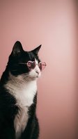 Stylish black and white cat wearing pink heart-shaped sunglasses against soft pink background for trendy pet fashion and lifestyle concepts.