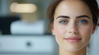 Young woman with bright blue eyes and natural makeup smiling warmly at camera against blurred office background, representing wellness, confidence and success.