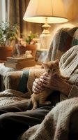 Senior woman holding ginger kitten on cozy armchair with warm lamp lighting, comfortable home interior with plants and blankets for lifestyle and pet care concepts.