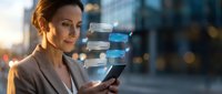 Professional businesswoman using smartphone with digital message interface in urban setting at sunset for corporate communication and technology concepts.