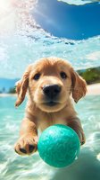 Playful Golden Retriever puppy swimming underwater reaching for turquoise ball in crystal clear water, with sunlight streaming through surface creating magical aquatic scene.