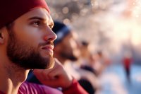 Profile of young Caucasian bearded man in red beanie watching outdoor event at sunset, with soft bokeh background and warm lighting creating atmospheric mood.