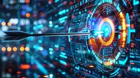 Futuristic digital target with arrow hitting bullseye, surrounded by glowing blue and orange technology interface against dark background with data visualization.