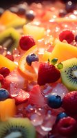 Fresh fruit salad with colorful strawberries, blueberries, raspberries, kiwi, and orange slices on crushed ice, perfect for healthy eating concepts.