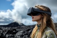 Young woman wearing virtual reality headset against dramatic mountain landscape with cloudy sky, exploring metaverse in outdoor environment.
