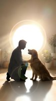 Man crouching beside golden retriever dog, facing each other against bright glowing circular light source in misty interior space for pet care and companionship concepts.