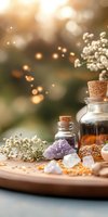 Mystical arrangement with healing crystals, essential oil bottles, dried flowers and amethyst on wooden surface against dreamy bokeh background with magical light effects.