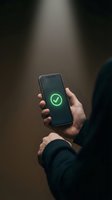Hand holding smartphone displaying green checkmark on dark screen, symbolizing approval, verification, success, and confirmation in digital technology and mobile applications.