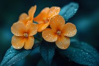 Orange tropical flowers with water drops on petals against dark teal leaves create moody garden atmosphere. Macro photography captures morning dew details.