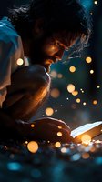 Young bearded man reading book in dramatic lighting with glowing bokeh effects and warm light creating magical atmosphere against dark background.