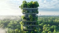 Modern sustainable architecture with vertical gardens and trees integrated into multi-level balconies overlooking lush forest landscape and distant city skyline at dawn.