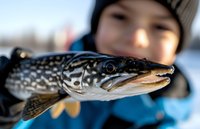 Close-up view of northern pike fish head with sharp teeth and distinctive markings caught during winter ice fishing, with blurred angler in background.
