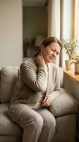 Middle-aged Caucasian woman experiencing neck pain sitting on couch at home, touching sore area with hand, health and wellness concept for medical care.