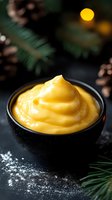 Creamy yellow custard or pudding served in black ceramic bowl on dark background with pine branches and festive decorations. Holiday dessert concept.