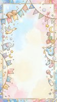 Pastel baby shower frame with teddy bear, elephant, bird, bunting flags, blocks, moon, stars, and toys on white background for nursery designs.