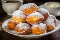 Freshly baked homemade donuts dusted with powdered sugar on white plate, served with coffee and cream for breakfast treat.
