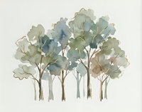 Watercolor forest grove with soft green and blue trees on neutral background for nature-themed designs and botanical artwork projects.