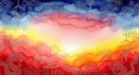 Watercolor sunset gradient transitioning from deep blue through pink and yellow to warm orange, adorned with decorative lantern silhouettes and ornamental patterns throughout for festive or celebratory design projects.