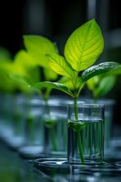 Young green plant seedling growing in glass beaker with water in modern laboratory setting for botanical research and environmental science studies.