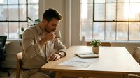 Young professional businessman in beige shirt drinking coffee while reviewing documents at wooden desk in bright modern office with large windows during morning.