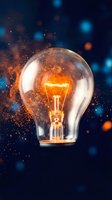 Glowing incandescent bulb with warm orange filament emitting sparkling particles and bokeh lights against dark blue background, symbolizing innovation and creative energy for business concepts.