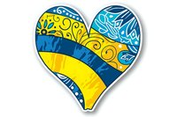 Heart shape decorated with Ukrainian flag colors and traditional folk ornaments, featuring blue and yellow stripes with floral and swirl patterns on white background, isolated design.