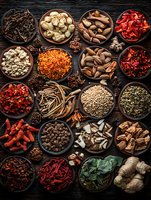 Variety of colorful Asian spices and herbs in wooden bowls on dark background, overhead view of dried chili, ginger, star anise and other cooking ingredients.