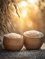 Raw white rice grains in wooden bowls against golden sunset light with wheat stalks, creating atmospheric mood for healthy eating and agriculture concepts.