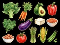 Assorted fresh vegetables isolated on transparent background, including broccoli, carrots, avocado, bell pepper, eggplant, asparagus, corn, peas, tomato, leafy greens, lentils and cheese. Ready for clipart, t-shirt design, stickers and print-on-demand projects.