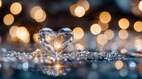 Crystal heart on reflective surface with golden bokeh lights creating romantic atmosphere. Sparkling diamonds scattered around heart shape capture magical glow for Valentine's Day designs.