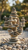 Balanced stone cairns stacked on pebble beach with soft bokeh background creating zen meditation and mindfulness concept for wellness and spiritual harmony.