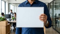 Middle-aged man with medium skin tone wearing navy blue shirt holding blank white sign in modern office environment with colleagues working in background.
