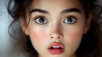 Close up portrait of young Asian woman with bright blue eyes, rosy cheeks, and red lips against soft blurred background. Natural makeup and flawless skin create striking look.