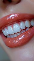 Close-up of glossy coral lips revealing healthy white teeth, showcasing dental care results for cosmetic dentistry and beauty advertising.