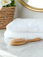 Wooden bamboo brush with natural bristles on marble surface next to folded white spa towels and wicker basket, creating serene bathroom atmosphere.