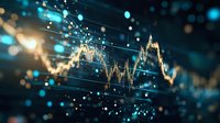 Financial data visualization with glowing charts and graphs displaying market trends and analytics on dark digital background for business presentations.