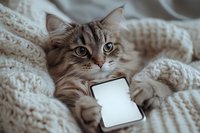 Fluffy gray cat lying on cozy knitted blanket holding smartphone with blank screen. Modern pet lifestyle concept for social media and technology usage.