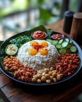 Traditional Malaysian nasi lemak with coconut rice, fried eggs, sambal, peanuts, cucumber slices and anchovies served on dark plate with banana leaf garnish.