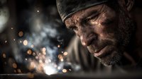 Weathered male welder with intense focus working amid sparks and smoke, showcasing craftsmanship and industrial labor in dramatic lighting.