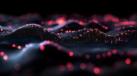 Abstract digital wave visualization with glowing red particles and bokeh effects on dark background, modern technology concept for data flow and connectivity.